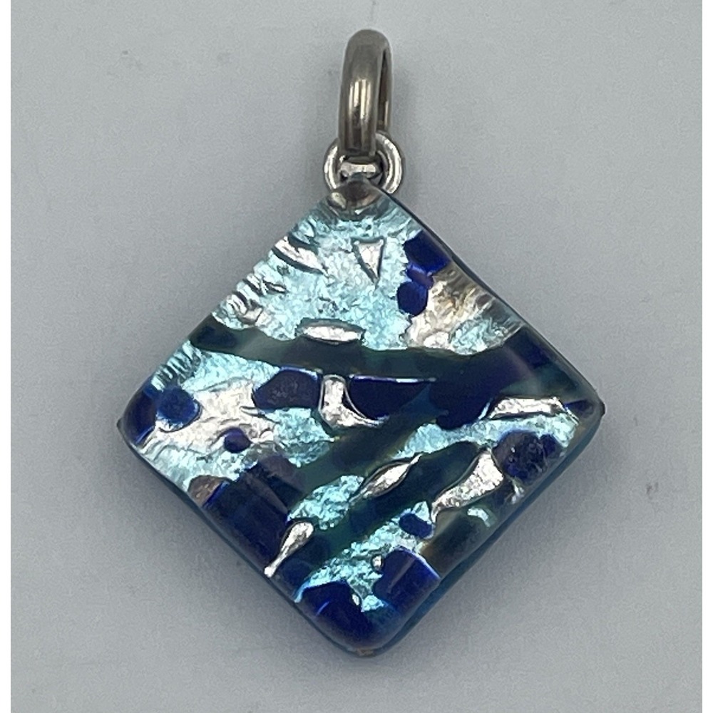 Murano Glass Dichroic Pendant Blue Aqua Silver Foil Venetian Reflections Square